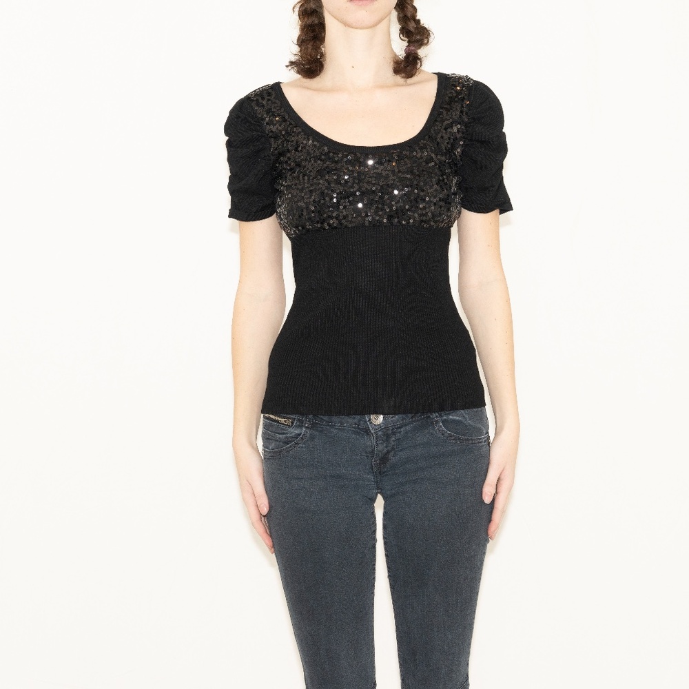Y2k black sequin sweater top size large heart soul